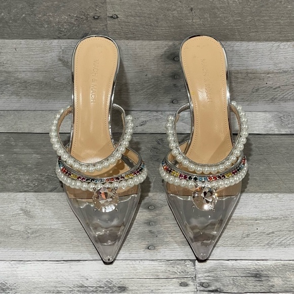 MACH & MACH Diamond Of Elizabeth Imitation Pearl Pointed Toe Mule Silver Sz-38/8 - Picture 7 of 14